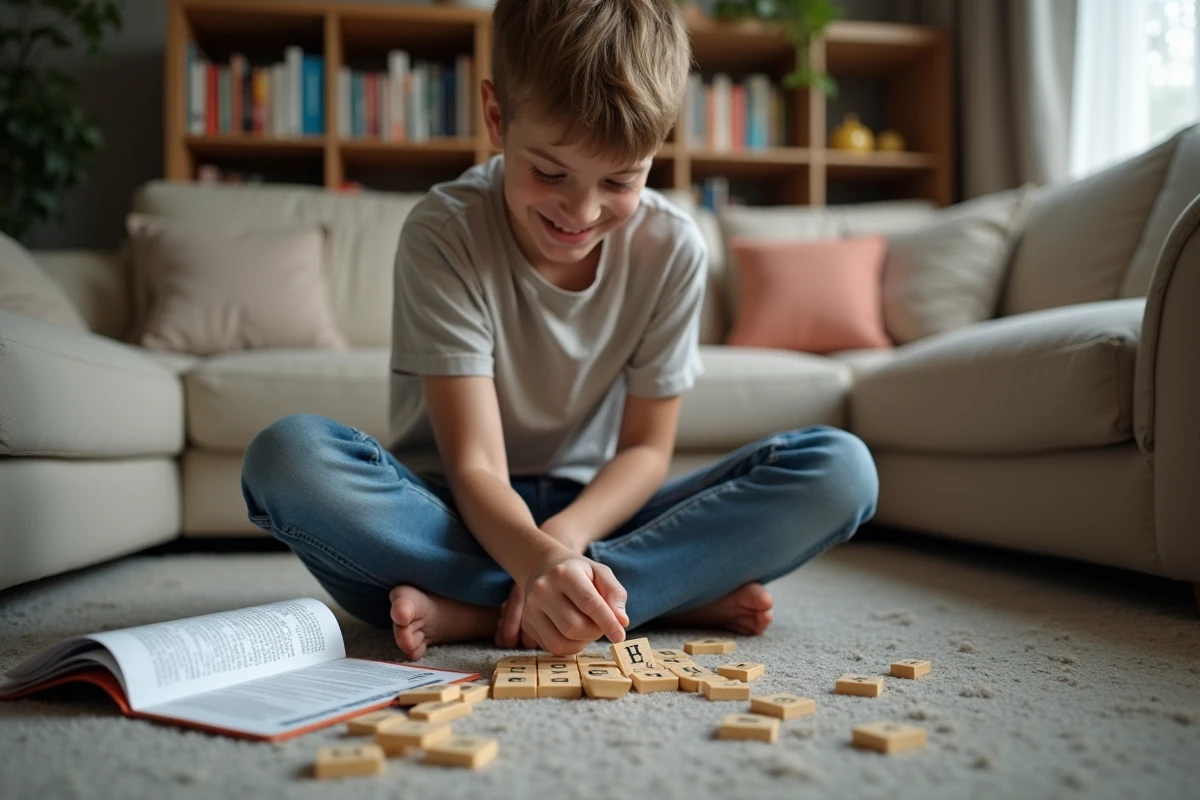 Adolescent jouant au Scrabble dans le salon avec amis