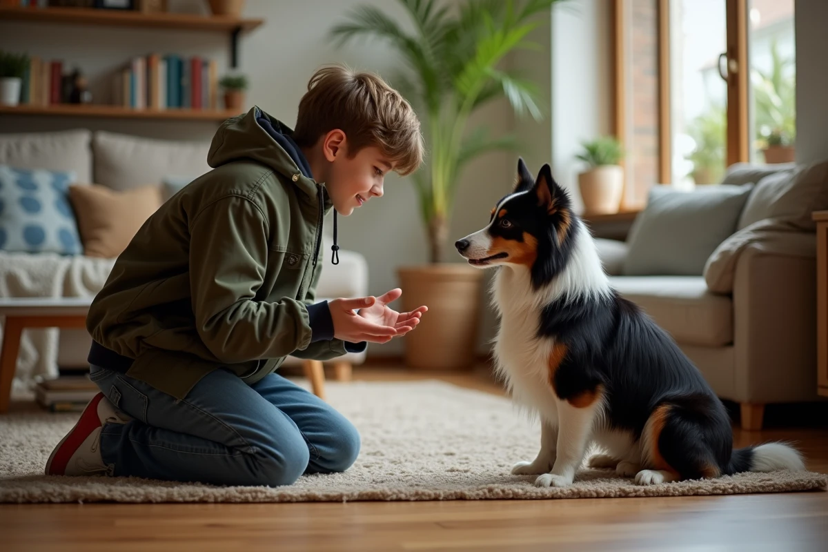 Adolescent avec un border collie dans un salon chaleureux