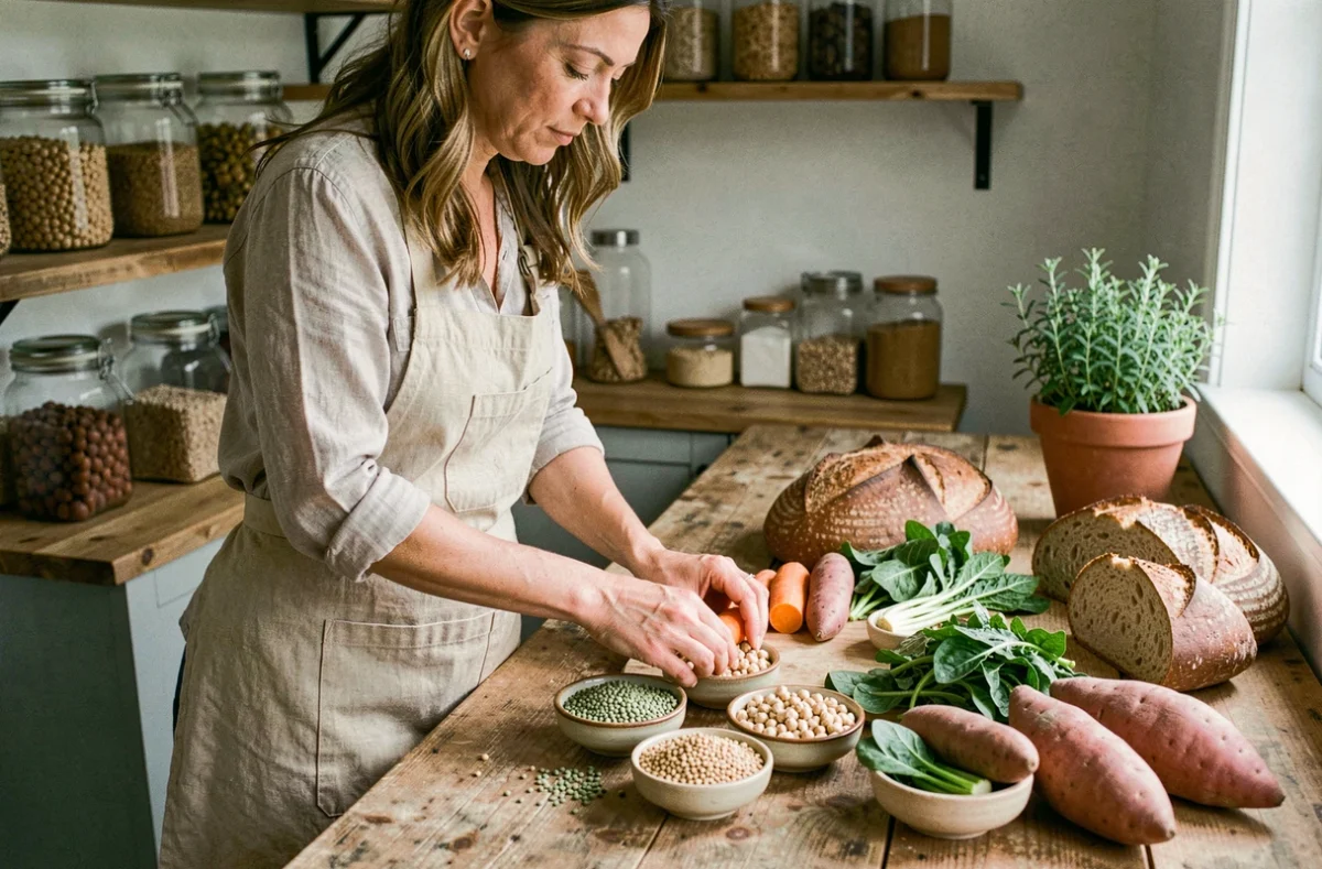 Femme arrangeant des aliments végétariens à faible index glycémique sur un comptoir de cuisine en bois avec légumineuses et légumes frais