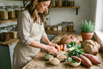 Femme arrangeant des aliments végétariens à faible index glycémique sur un comptoir de cuisine en bois avec légumineuses et légumes frais