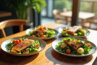 Quatre assiettes colorées représentant différents régimes alimentaires