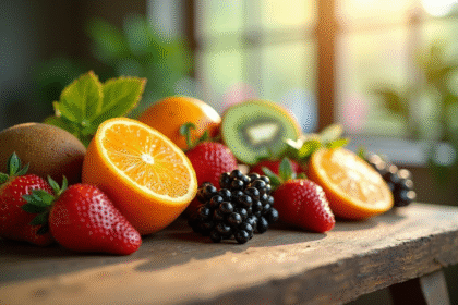 Assortiment de fruits riches en vitamine C sur une table en bois