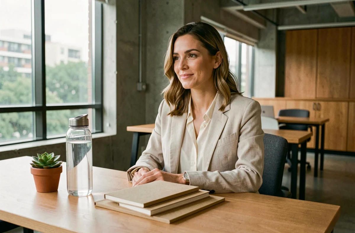Femme travaillant dans un bureau éco-responsable avec des accessoires durables et une plante verte sur un bureau en bois
