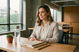 Femme travaillant dans un bureau éco-responsable avec des accessoires durables et une plante verte sur un bureau en bois