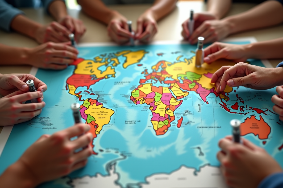 Mains de différentes personnes plaçant des fioles de vaccin sur une carte du monde