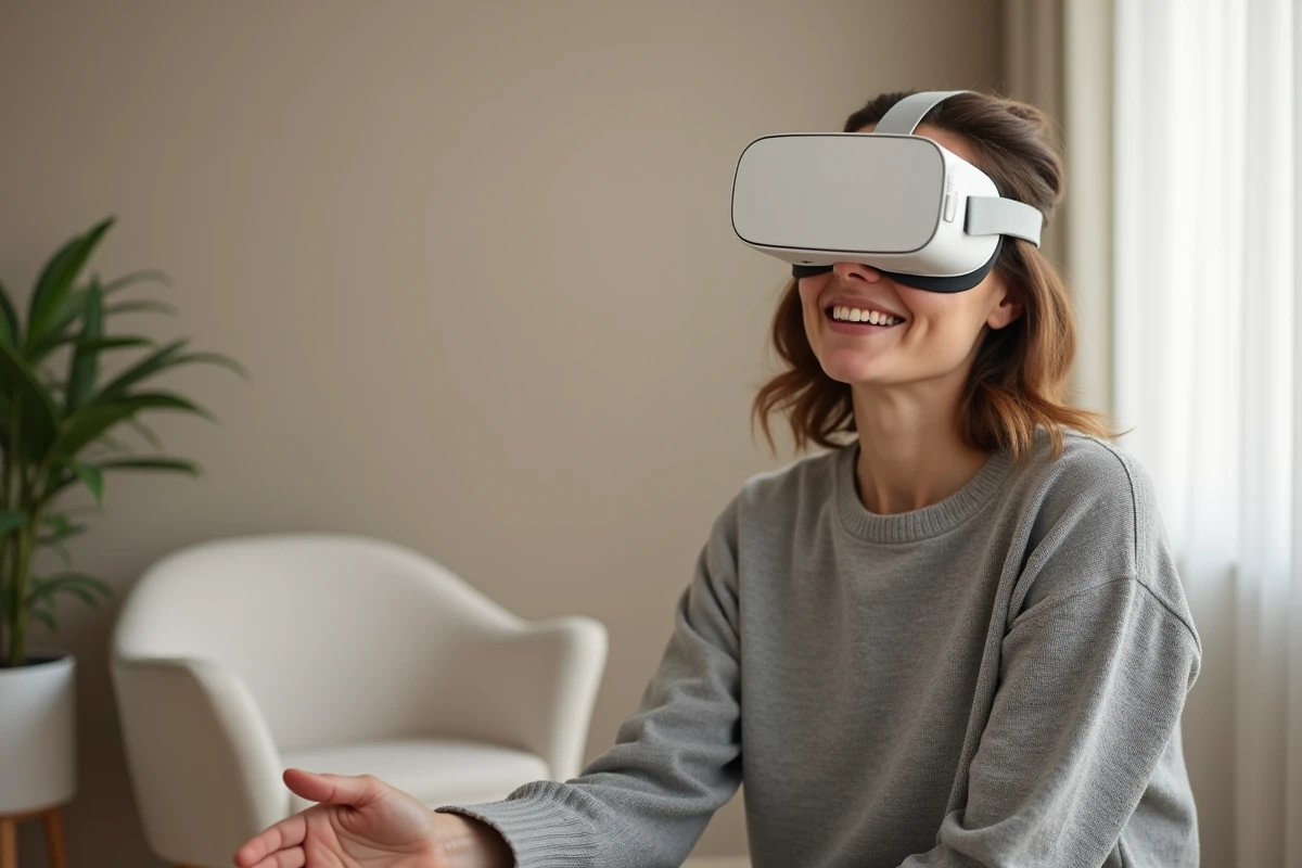 Femme portant un casque de réalité virtuelle thérapeutique dans un cabinet de psychologie moderne