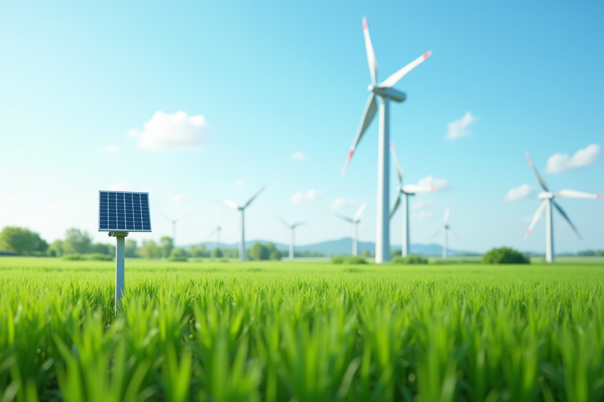 Champ vert avec station météo panneaux solaires et éoliennes