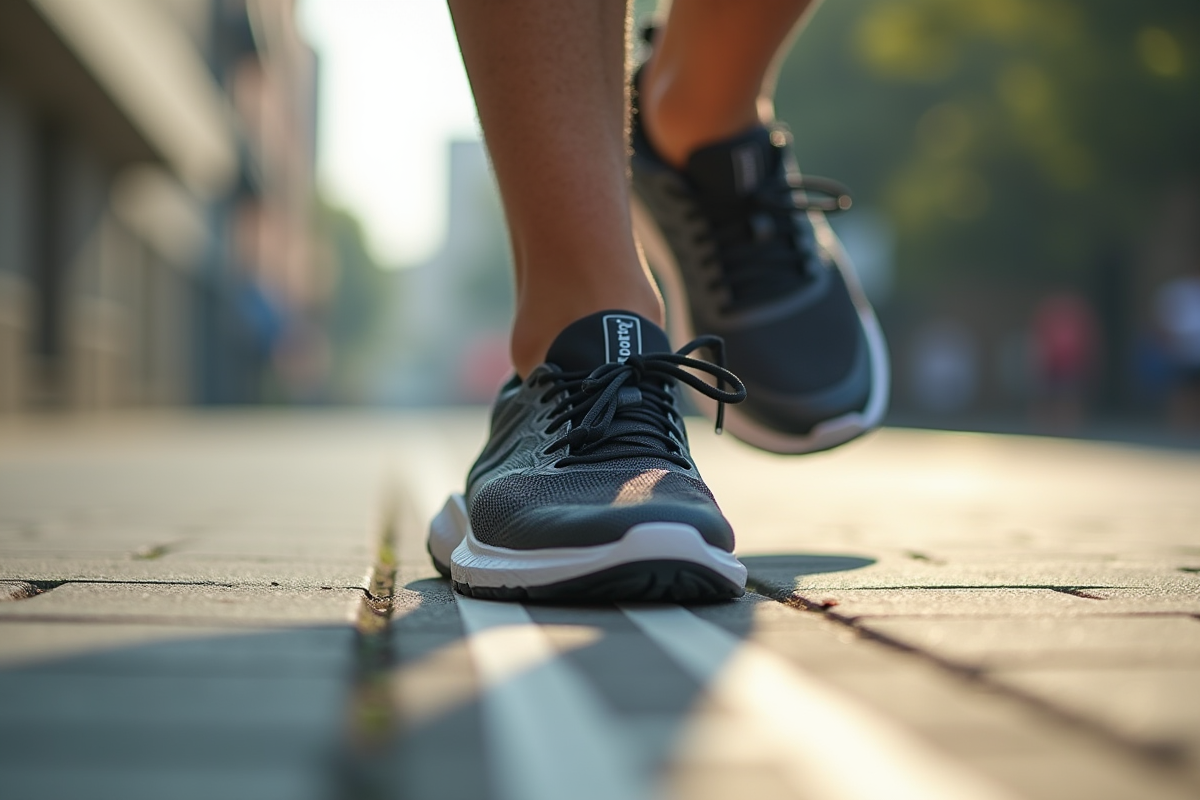Détail de chaussures de sport sur trottoir avec marques kilométriques