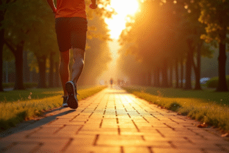 Sentier piéton en ville au matin avec joggeur et tracker