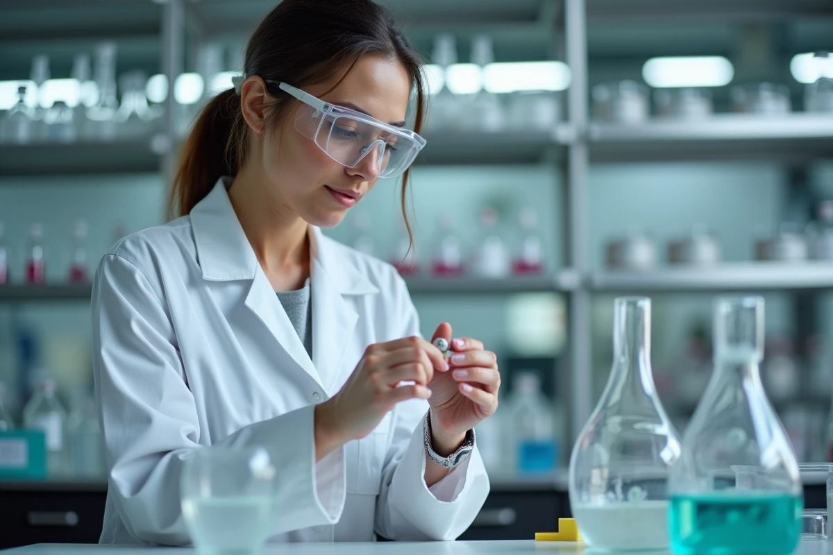 Chimiste examinant une perle de céramique en laboratoire scientifique