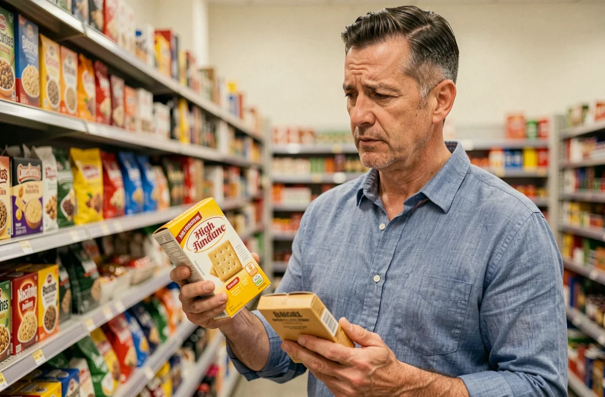 Homme comparant des étiquettes alimentaires avant une coloscopie au supermarché