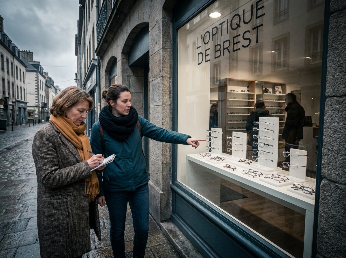 Deux femmes examinant la vitrine d'un opticien à Brest et prenant des notes avant d'entrer dans le magasin
