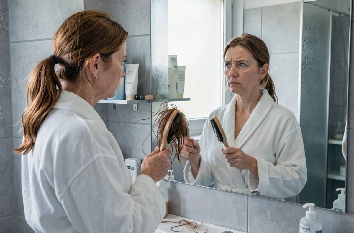 Femme d'une quarantaine d'années regardant son reflet dans un miroir de salle de bain tenant une brosse à cheveux remplie de cheveux perdus, symbole de la chute de cheveux féminine due au stress