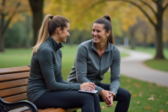 Femme en tenue de sport discutant avec son coach dans un parc