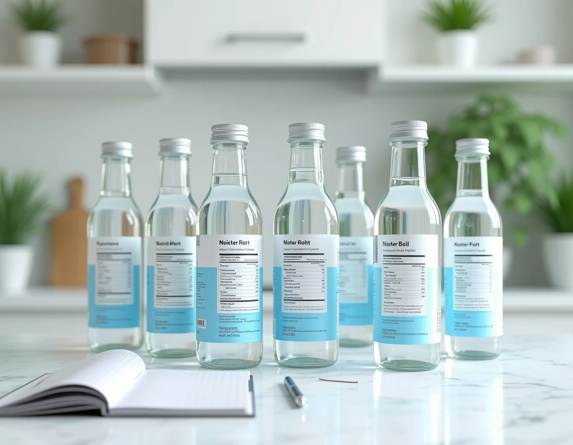 Comparaison de plusieurs bouteilles d'eau minérale avec leurs étiquettes affichant le résidu à sec sur un plan de travail en marbre