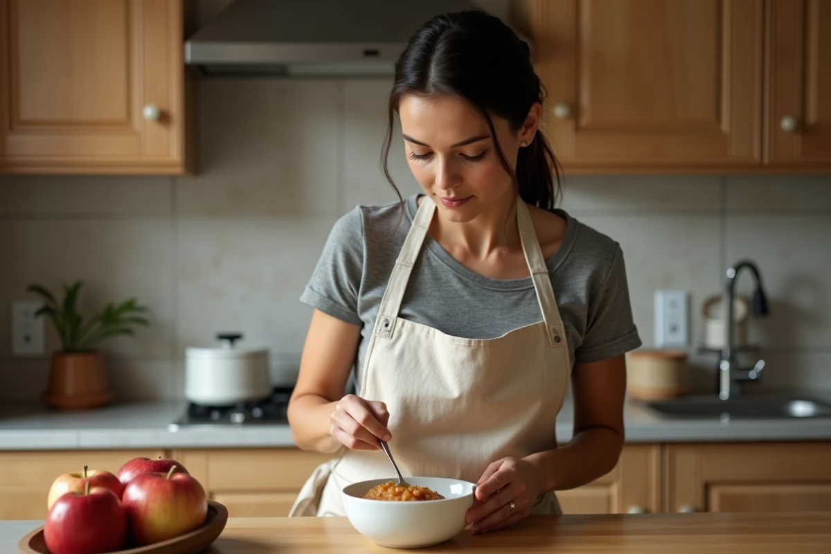 Femme préparant une compote de pommes maison dans un bol en céramique pour soulager la constipation naturellement