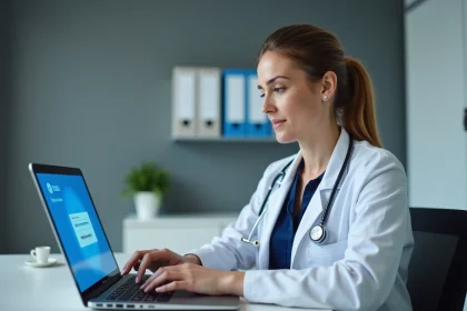 Professionnelle de santé se connectant au portail médical Medisys sur un ordinateur portable dans un bureau hospitalier moderne