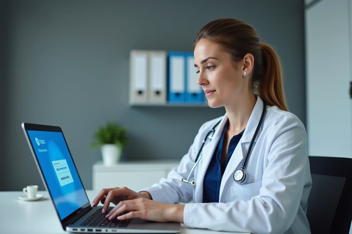 Professionnelle de santé se connectant au portail médical Medisys sur un ordinateur portable dans un bureau hospitalier moderne