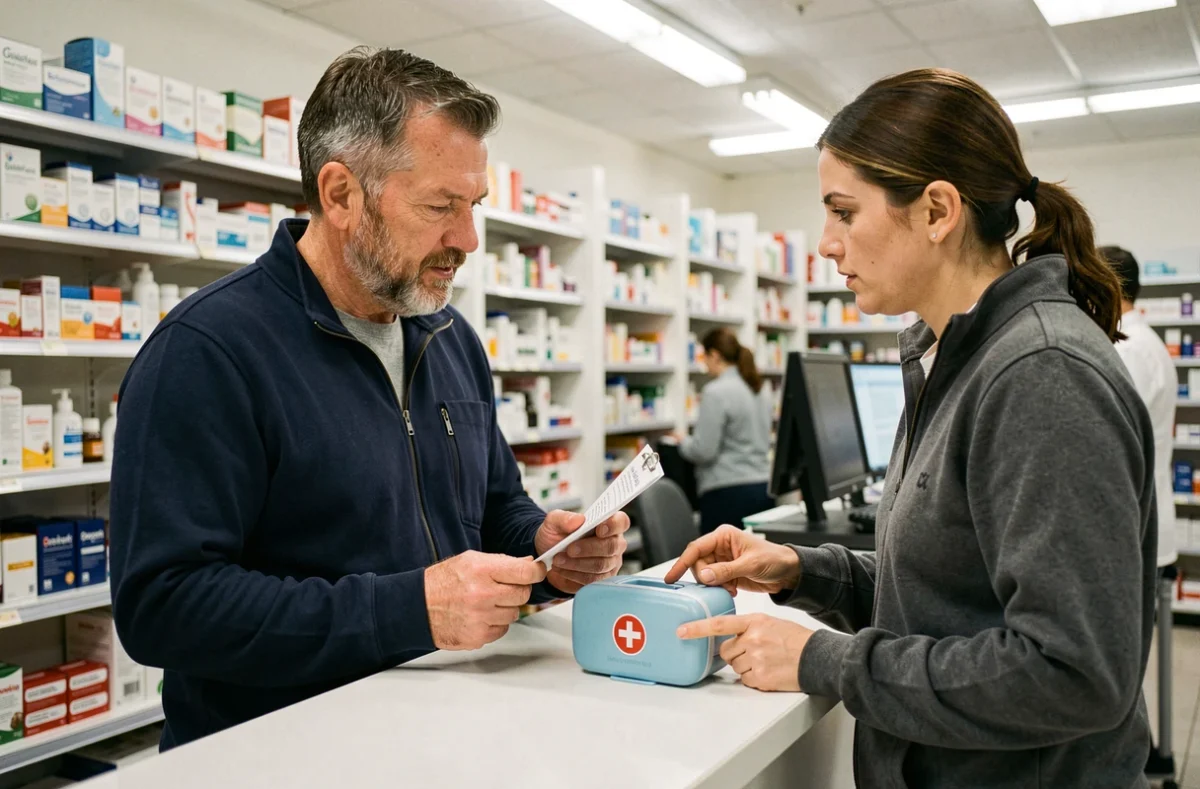 Homme consultant un pharmacien pour préparer sa trousse de santé voyage avant un départ à l'étranger