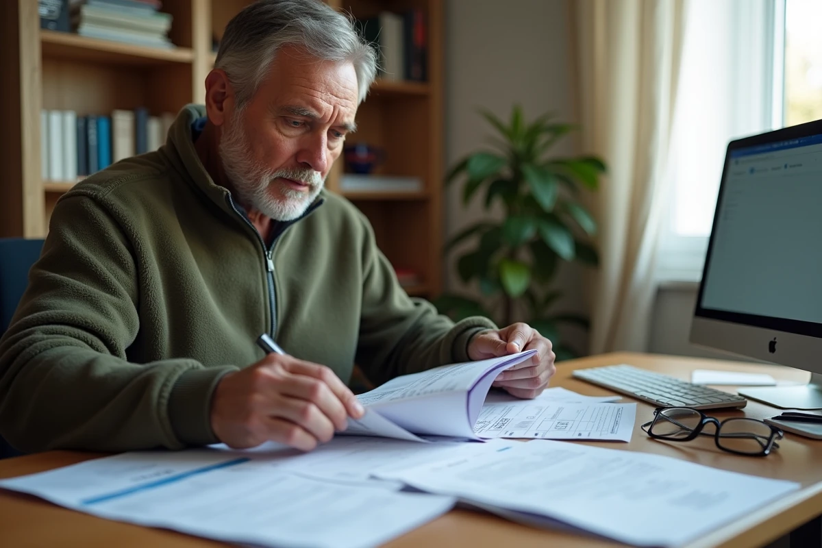 Homme constituant un dossier administratif de preuves médicales à domicile pour une demande d'invalidité liée à l'ostéophytose auprès de la sécurité sociale