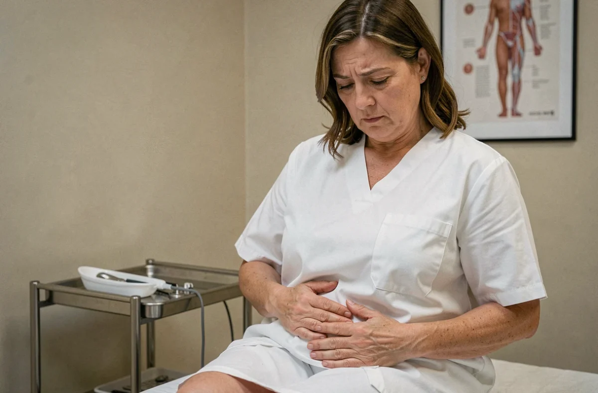 Femme adulte en consultation dermatologique pour une omphalite chronique, assise sur une table d'examen médicale