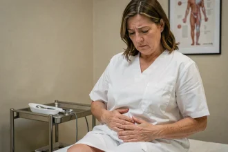 Femme adulte en consultation dermatologique pour une omphalite chronique, assise sur une table d'examen médicale