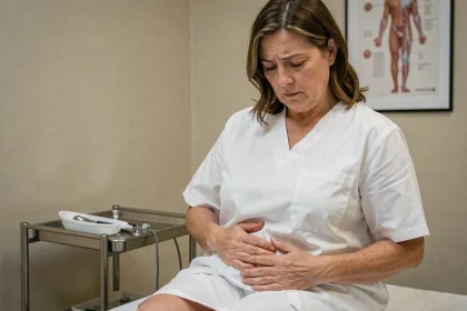 Femme adulte en consultation dermatologique pour une omphalite chronique, assise sur une table d'examen médicale