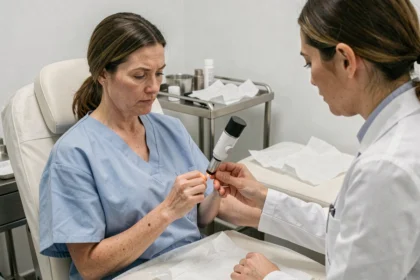 Femme faisant examiner un grain de beauté en relief sur l'avant-bras par une dermatologue lors d'une consultation médicale
