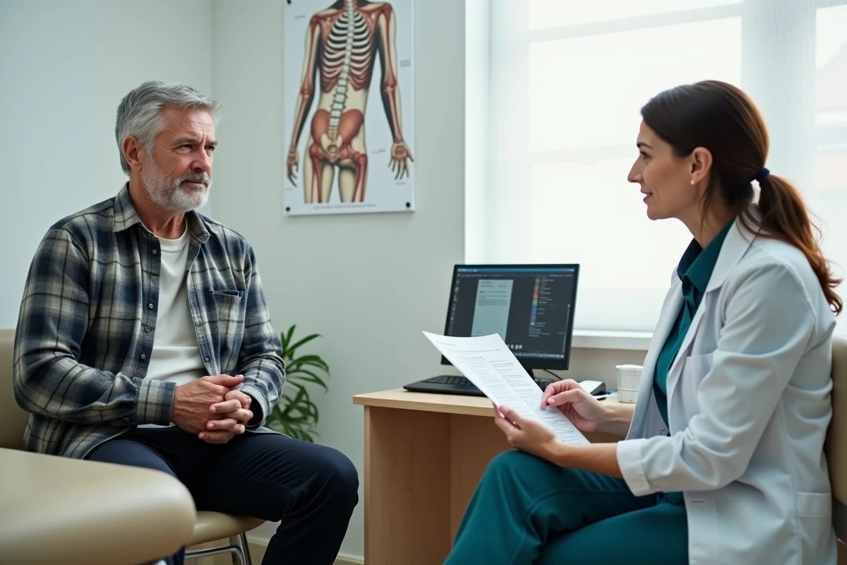 Consultation médicale en médecine du travail pour une maladie professionnelle du dos, discussion sur les droits et la procédure de reconnaissance tableau 57