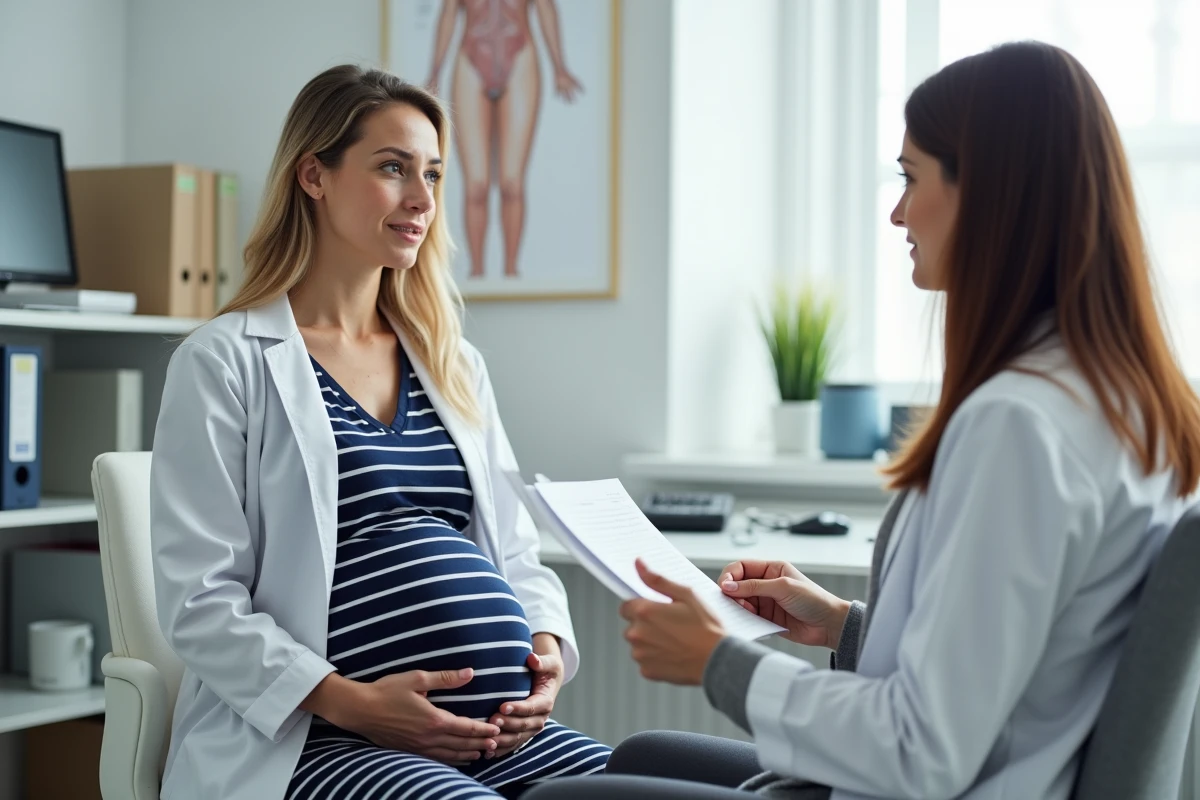 Femme enceinte en consultation médicale avec son médecin pour discuter des précautions liées à un antidépresseur