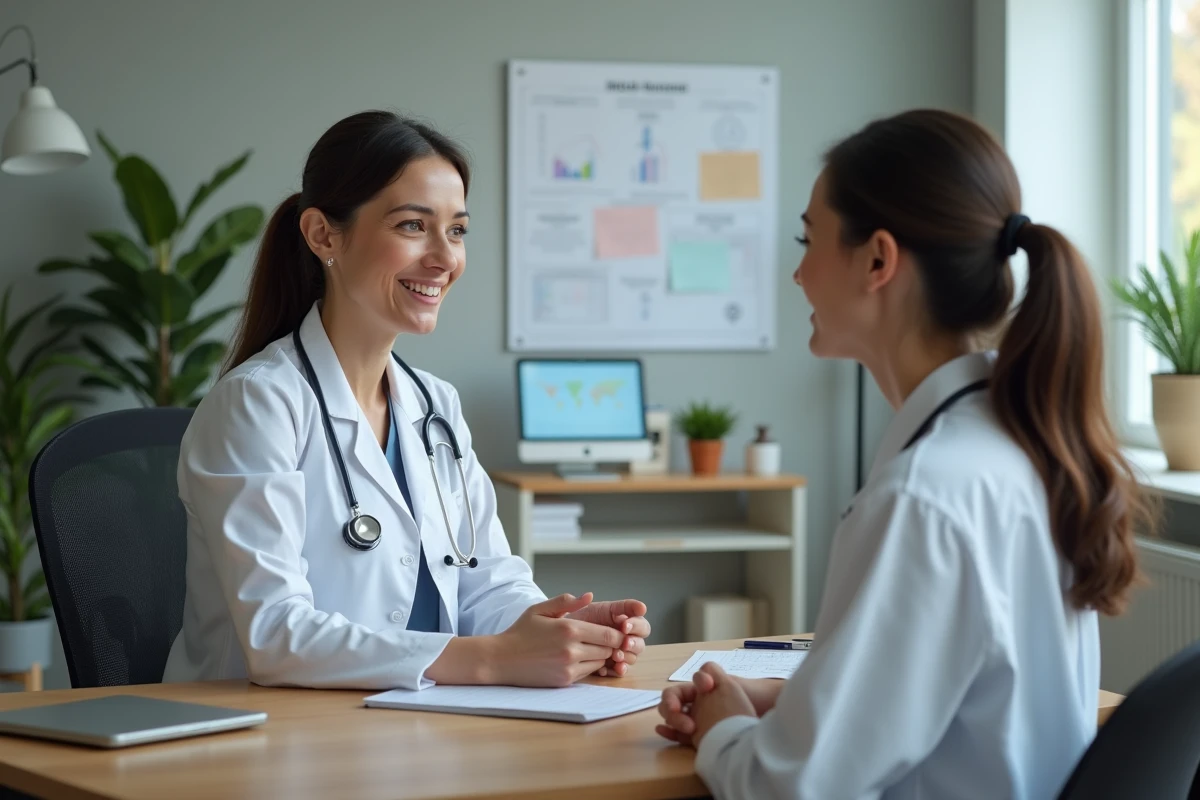 Une médecin rassurante discute avec une jeune femme en consultation