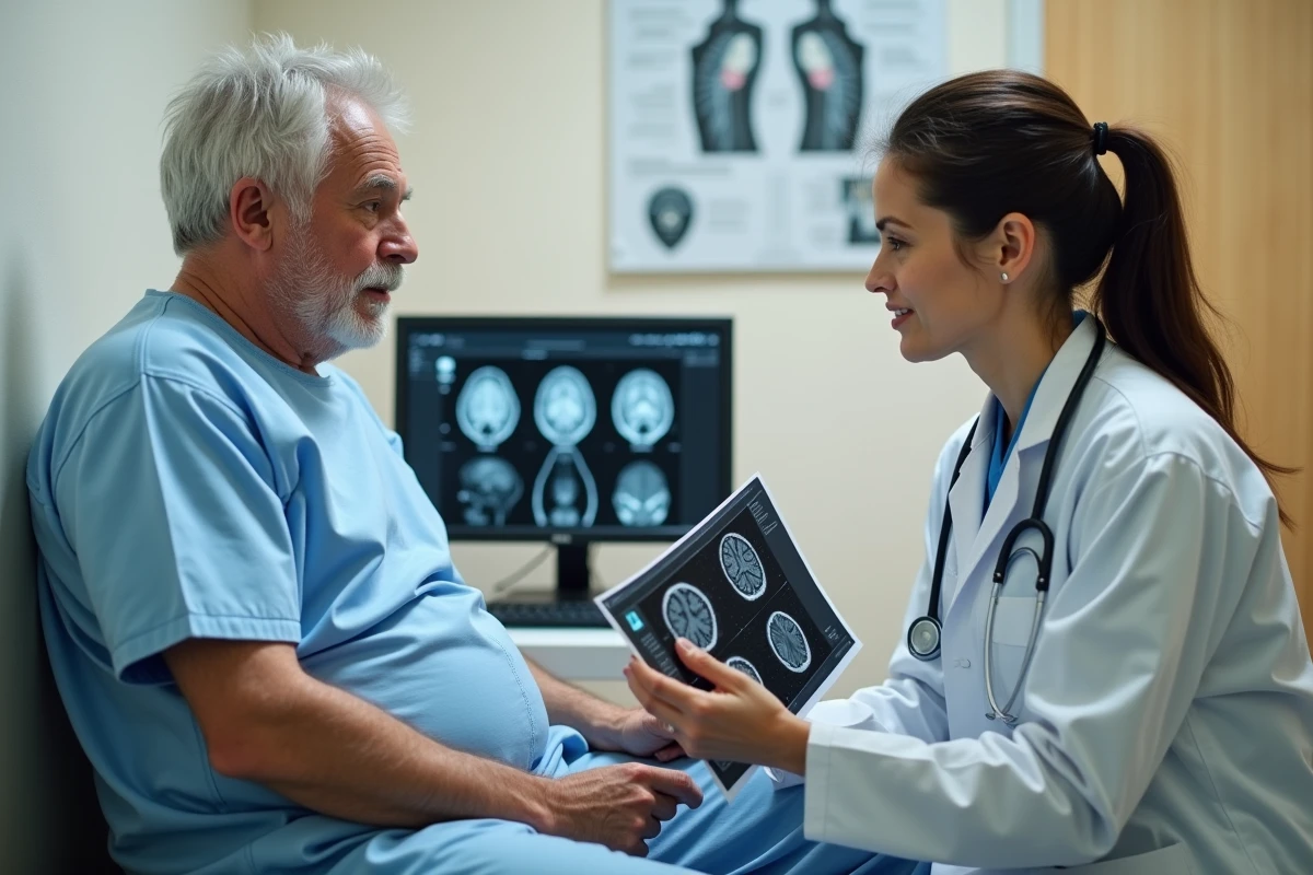 Consultation neurologique avec un patient âgé et une neurologue examinant des IRM cérébrales montrant des hypersignaux de la substance blanche