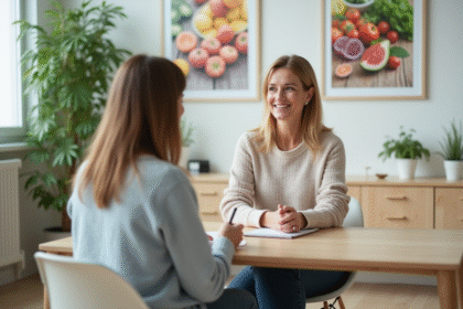 Femme discutant avec un nutritionniste dans un cabinet moderne