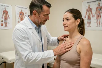 Ostéopathe examinant les côtes d'une patiente lors d'une consultation pour côtes déplacées
