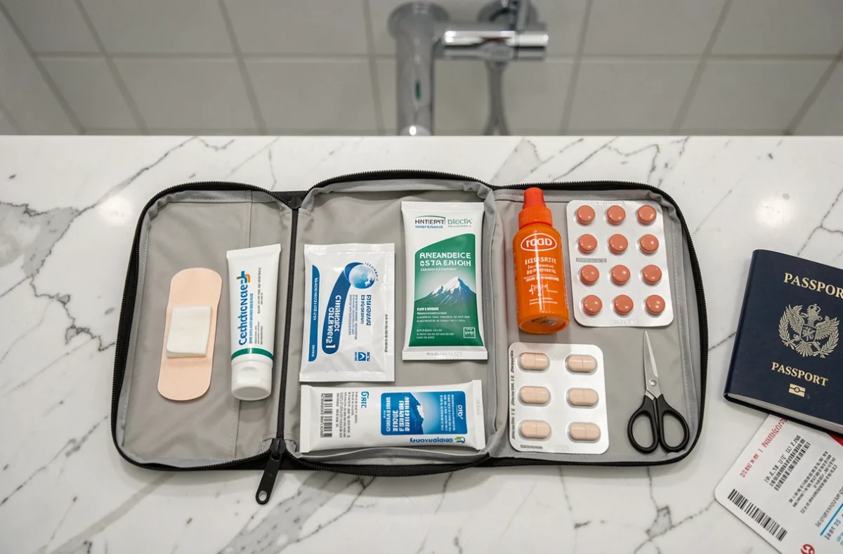 Trousse de santé voyage ouverte avec médicaments et accessoires essentiels en vue à plat sur une surface blanche