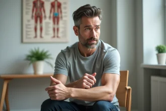Homme d'âge moyen appuyant sur son avant-bras lors d'une contraction musculaire involontaire dans un cabinet médical