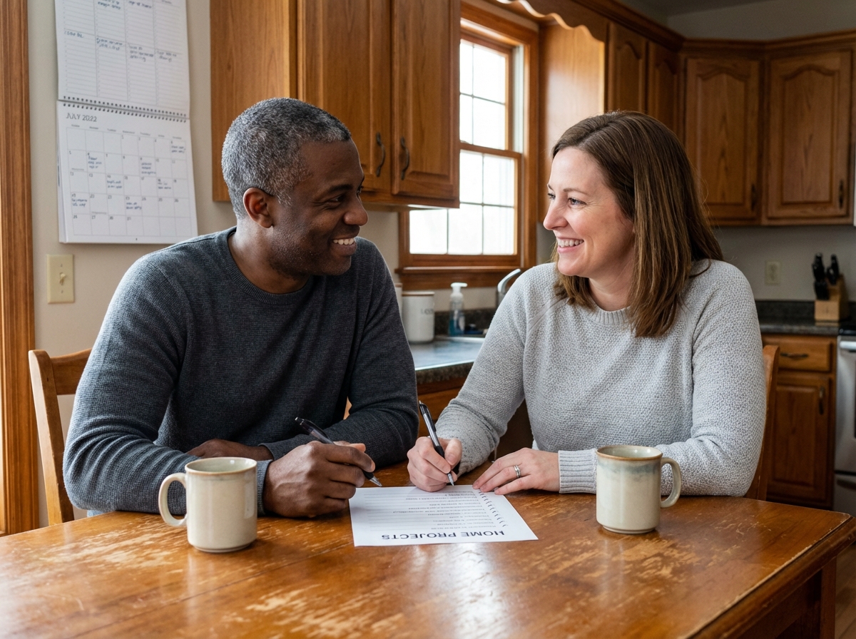 Couple interracial préparant une checklist en cuisine