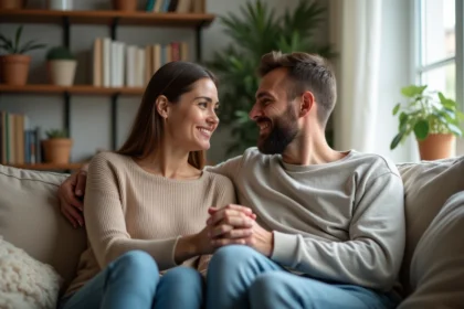 Une femme et son partenaire sourient dans un salon chaleureux