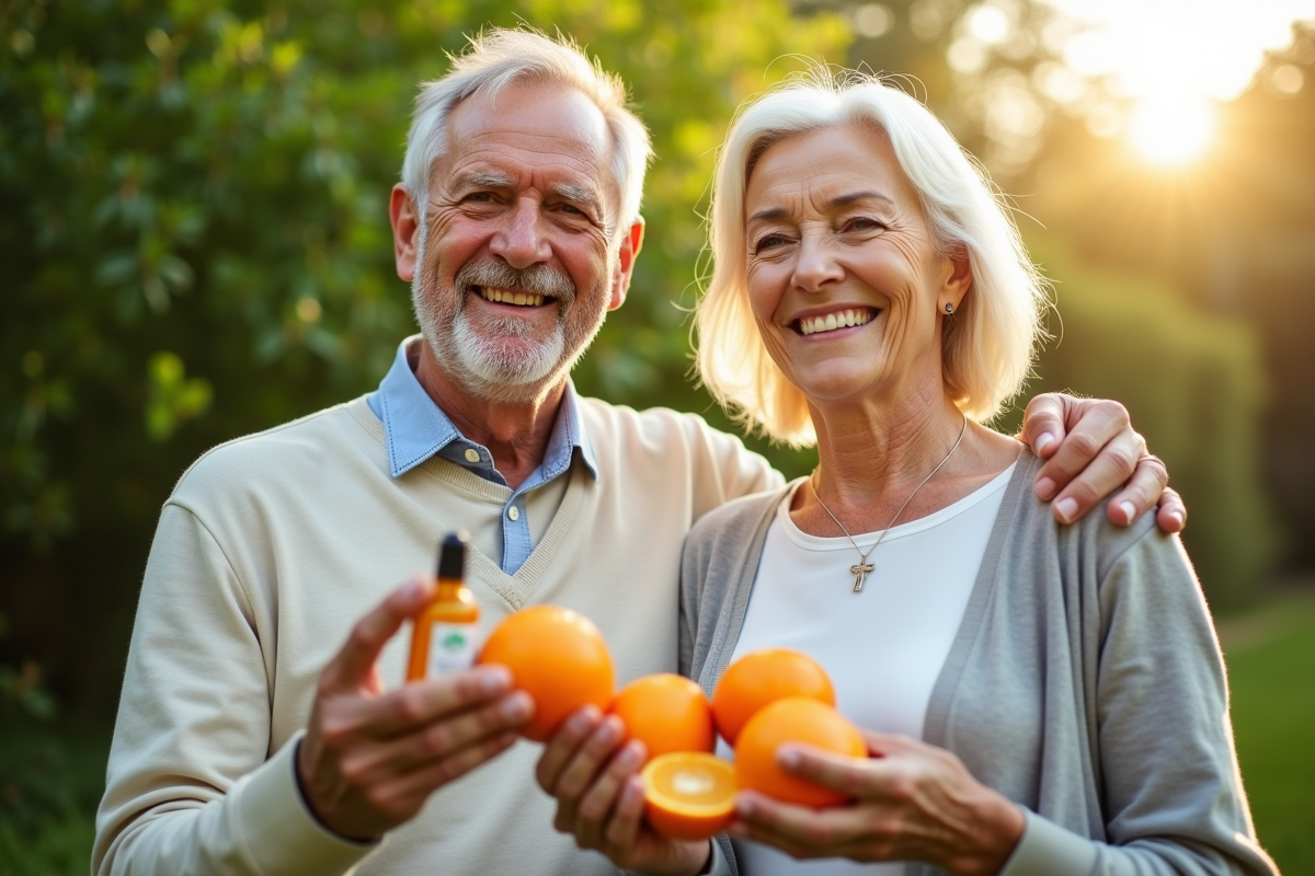 Couple senior avec oranges et serum vitamine C en extérieur