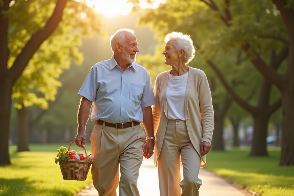 Couple senior marchant dans un parc ensoleille