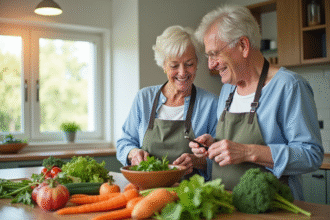 Couple senior préparant une salade colorée dans une cuisine lumineuse