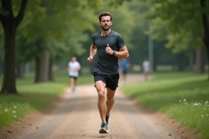 Coureur masculin en pleine course dans un parc urbain
