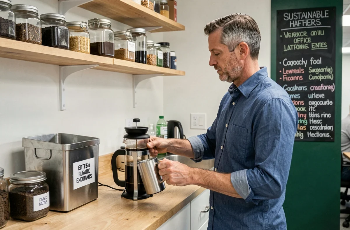 Homme remplissant une tasse réutilisable dans une cuisine de bureau aménagée de façon écologique avec des accessoires zéro déchet