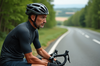 Cycliste homme fatigué sur route rurale en pleine effort