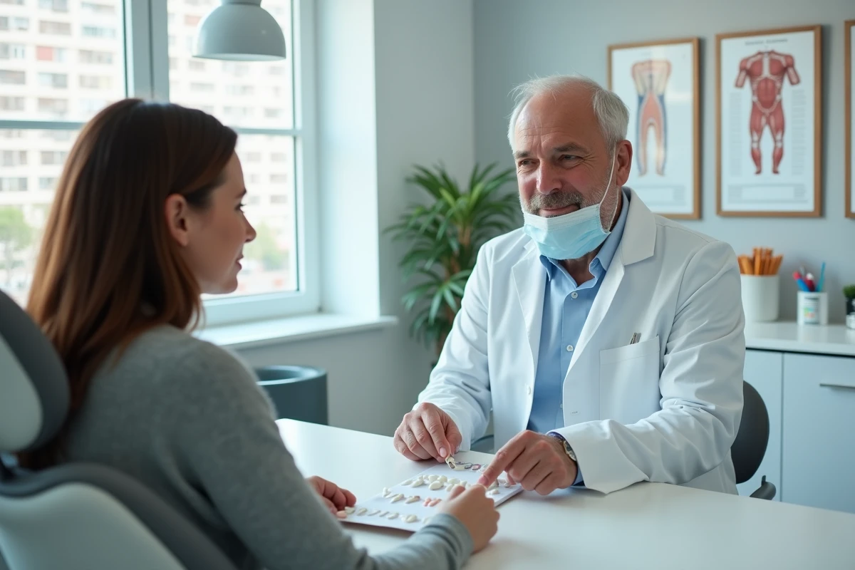Dentiste présentant des échantillons de dents en résine économique à une patiente lors d'une consultation