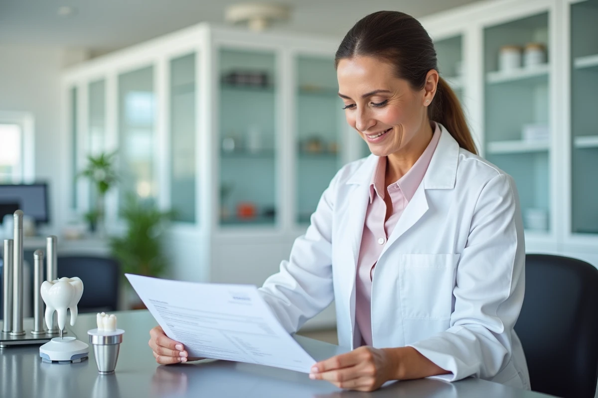 Dentiste femme examinant une facture avec du matériel dentaire