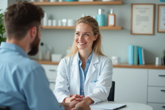 Dermatologue souriante consulte un patient dans un cabinet médical