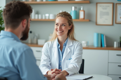 Dermatologue souriante consulte un patient dans un cabinet médical