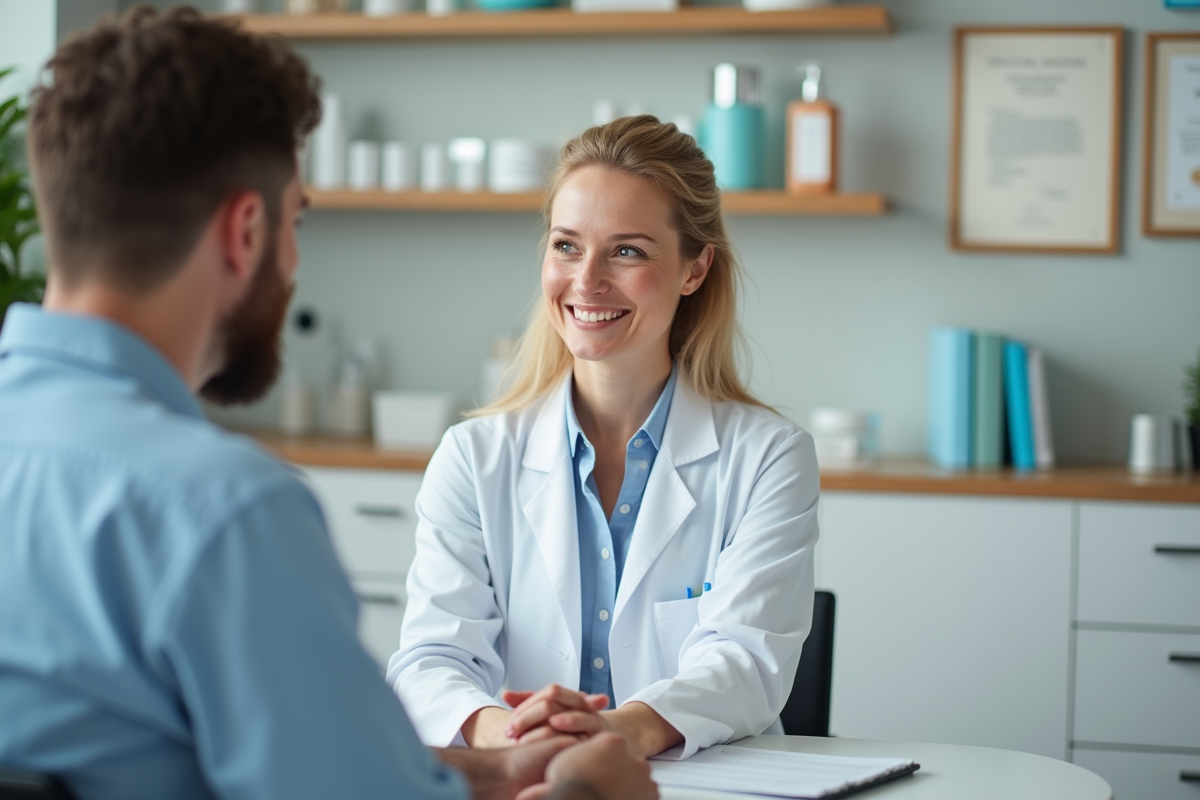 Dermatologue souriante consulte un patient dans un cabinet médical