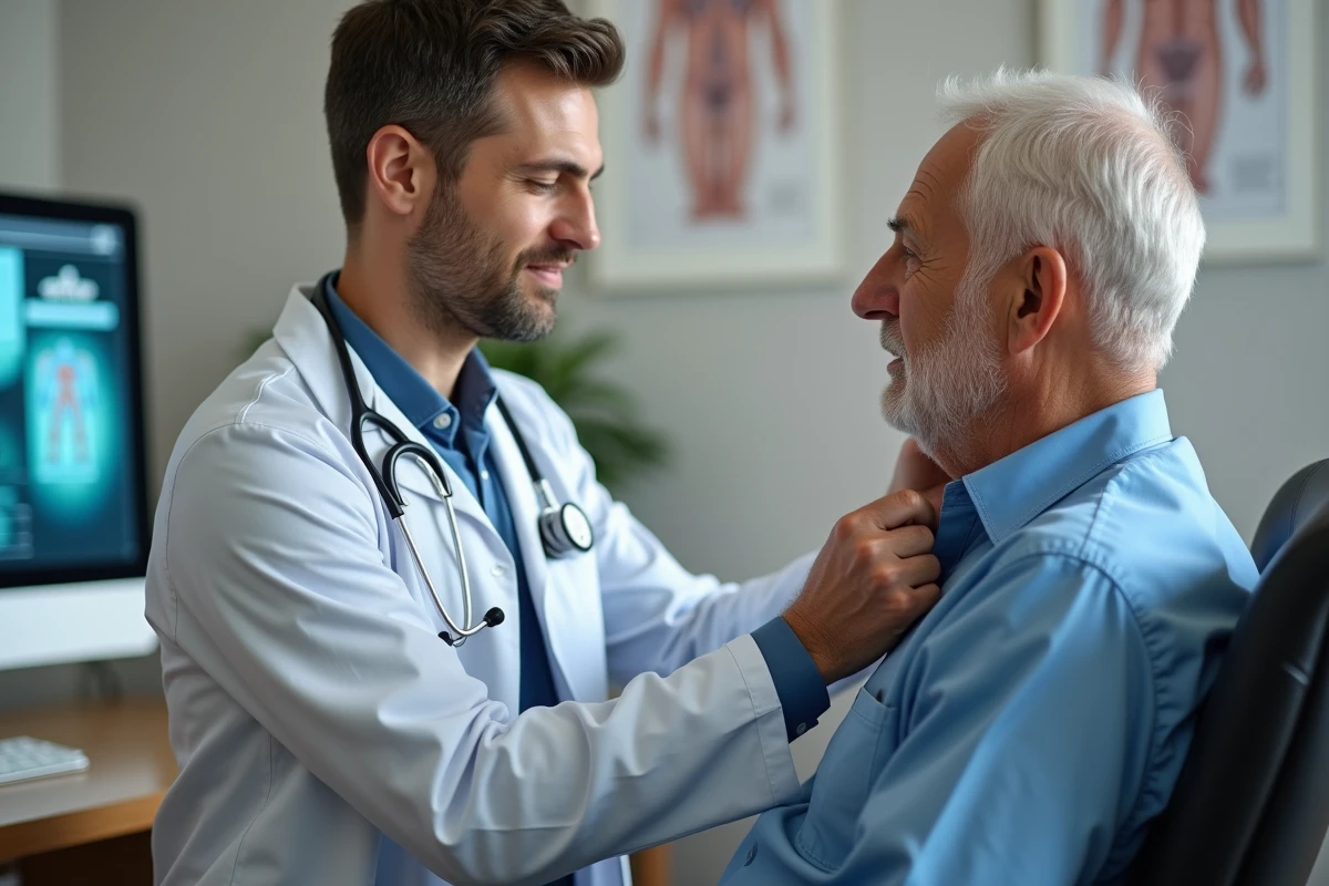 Médecin examinant les ganglions sous la mâchoire d'un patient lors d'une consultation médicale